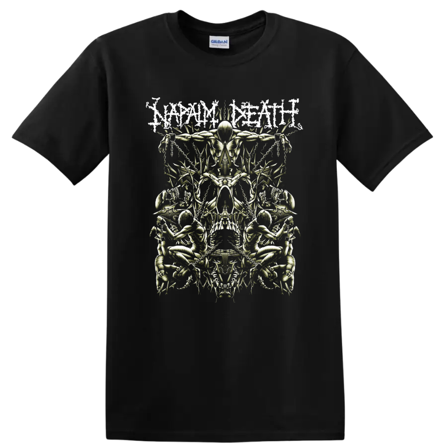 Napalm Death distressed logo above mirrored skeletal horror artwork with skulls and chains on a Black T Shirt