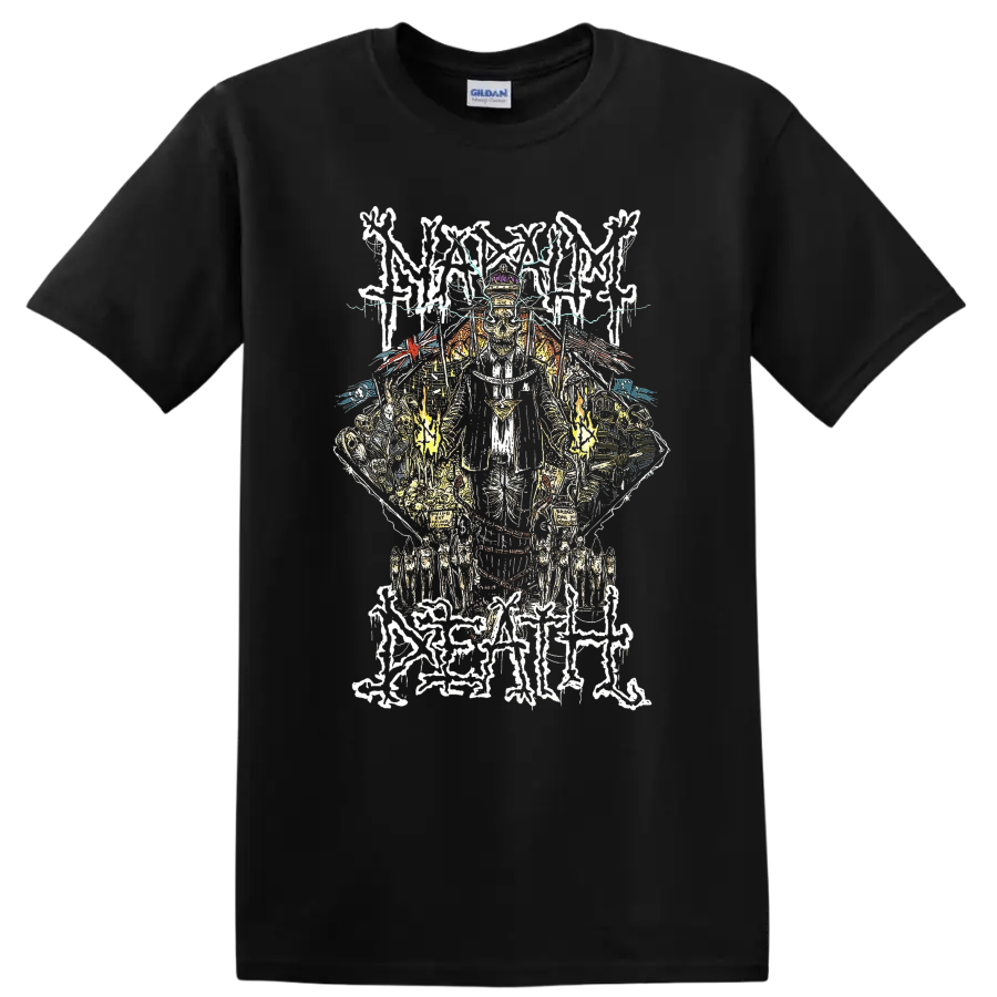 Napalm Death Scum skull figure with lightning and distressed metal linework on a Black T Shirt