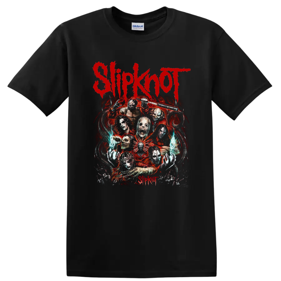 Slipknot masked band horror collage with red logo, flames, and eerie blue hands on a Black T Shirt