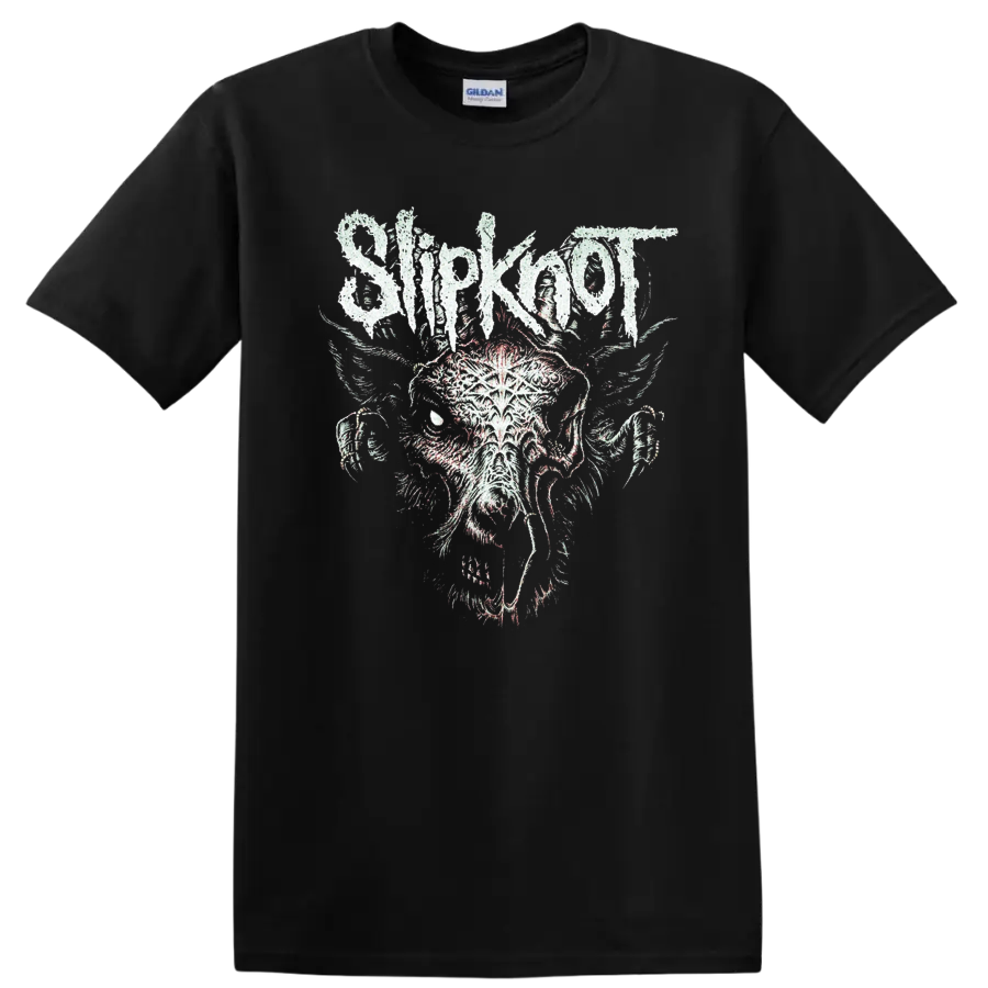 Distressed Slipknot wordmark above a snarling rotting goat illustration on a Black T Shirt