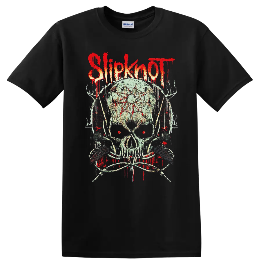 Slipknot skull graphic with red eyes, forehead symbol, dripping red flames, and dark on a Black T Shirt