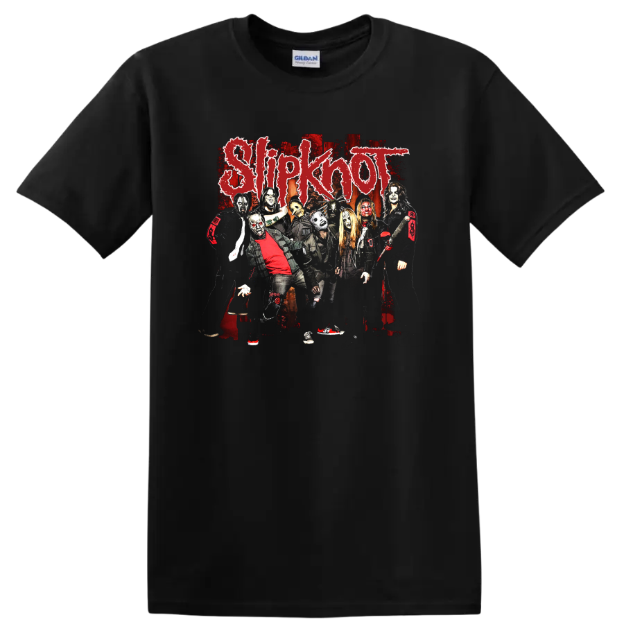 Slipknot masked band photo collage with distressed red logo and dark rock artwork on a Black T Shirt