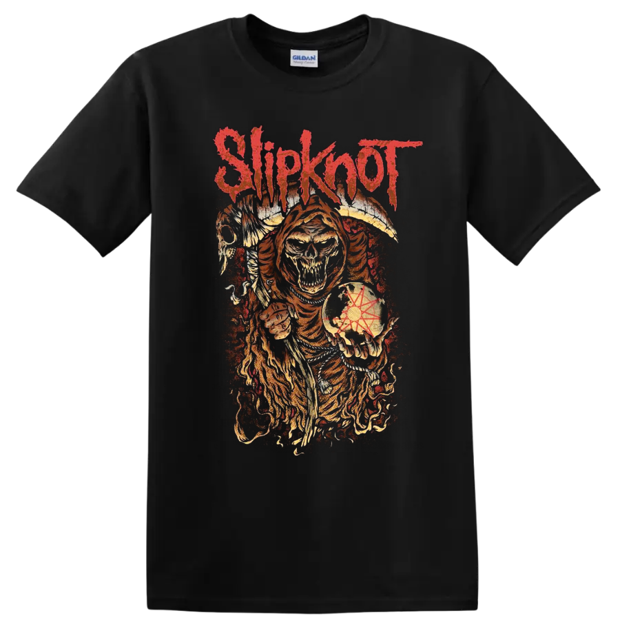 Slipknot distressed hooded skull with winged horror art and symbolic globe on a Black T Shirt