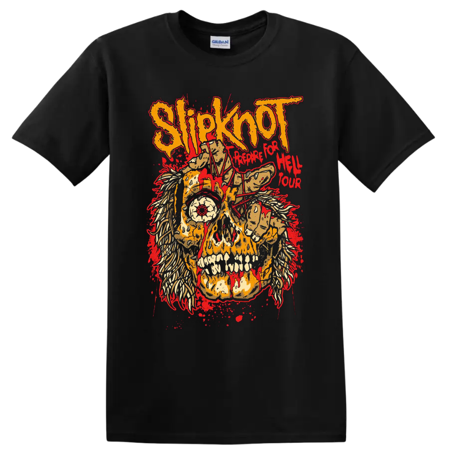 Slipknot Prepare for Hell Tour distressed skull, flames, skeletal hands, and red splatter on a Black T Shirt