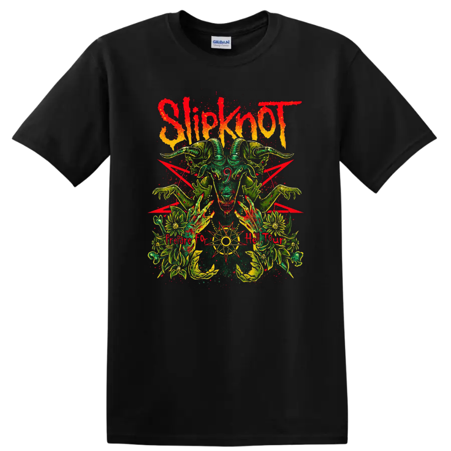 Slipknot Prepare for Hell Tour horned goat skull with occult-style grunge artwork on a Black T Shirt