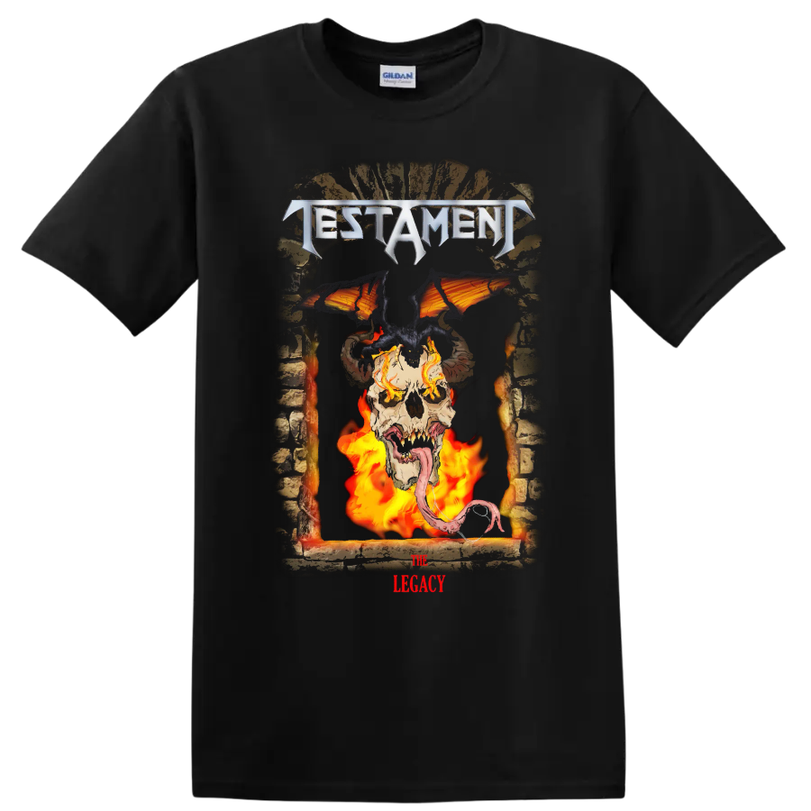 Testament The Legacy horned skull, bat wings, demon silhouette, and flames metal artwork on a Black T Shirt