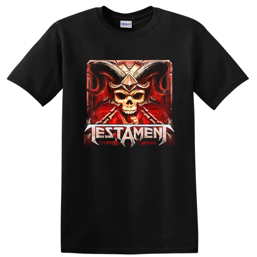 Testament horned skull heavy metal graphic with red armored border on a Black T Shirt