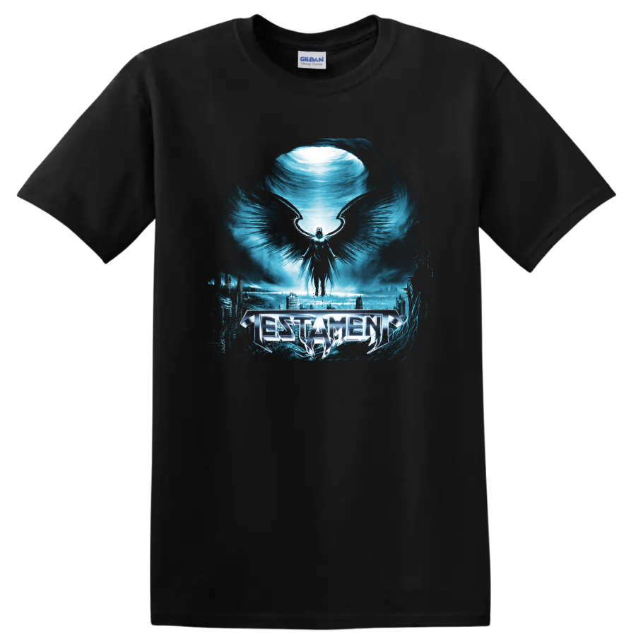 Testament logo with winged figure over icy blue dark fantasy cityscape on a Black T Shirt