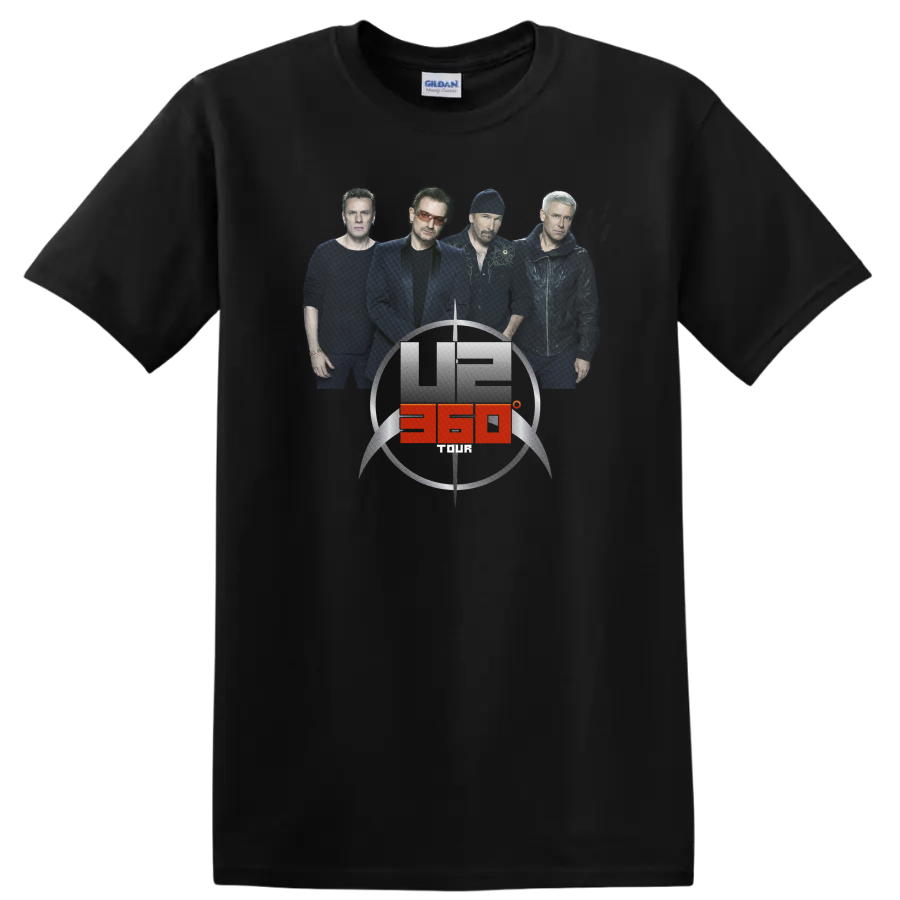 U2 360° Tour band portrait with circular stadium emblem and red accent on a Black T Shirt