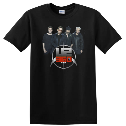 U2 360° Tour band portrait with circular stadium emblem and red accent on a Black T Shirt