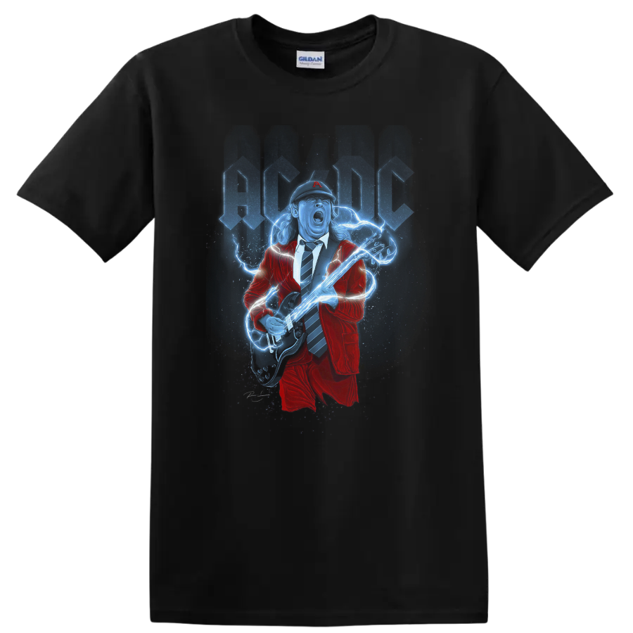 Angus Young AC/DC guitarist in red suit with electric guitar and blue lightning on a Black T Shirt