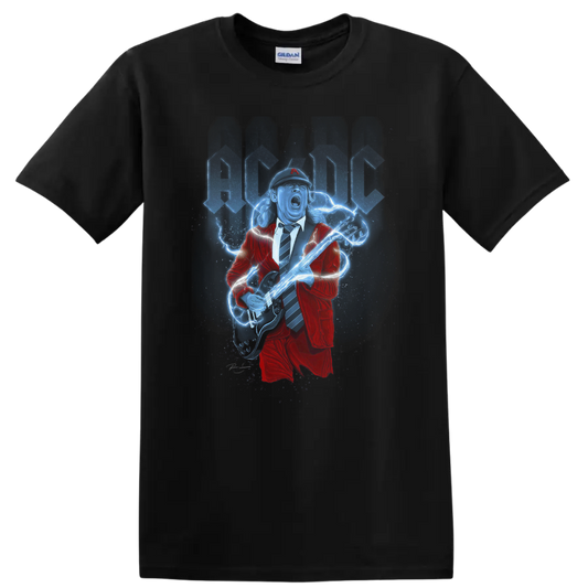 Angus Young AC/DC guitarist in red suit with electric guitar and blue lightning on a Black T Shirt