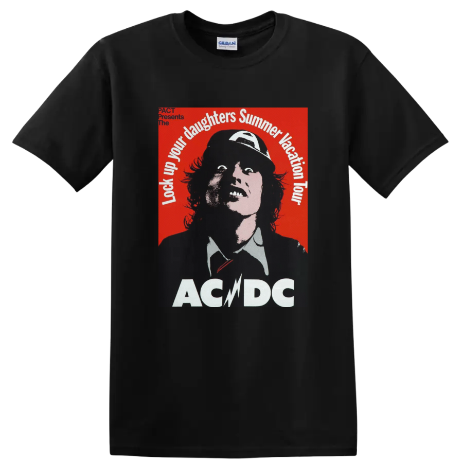 Angus Young portrait with AC/DC Lock Up Your Daughters Summer Vacation Tour text on a Black T Shirt