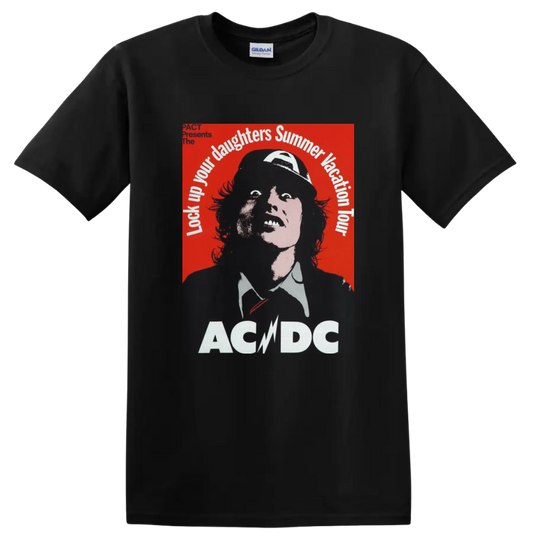 Angus Young portrait with AC/DC Lock Up Your Daughters Summer Vacation Tour text on a Black T Shirt