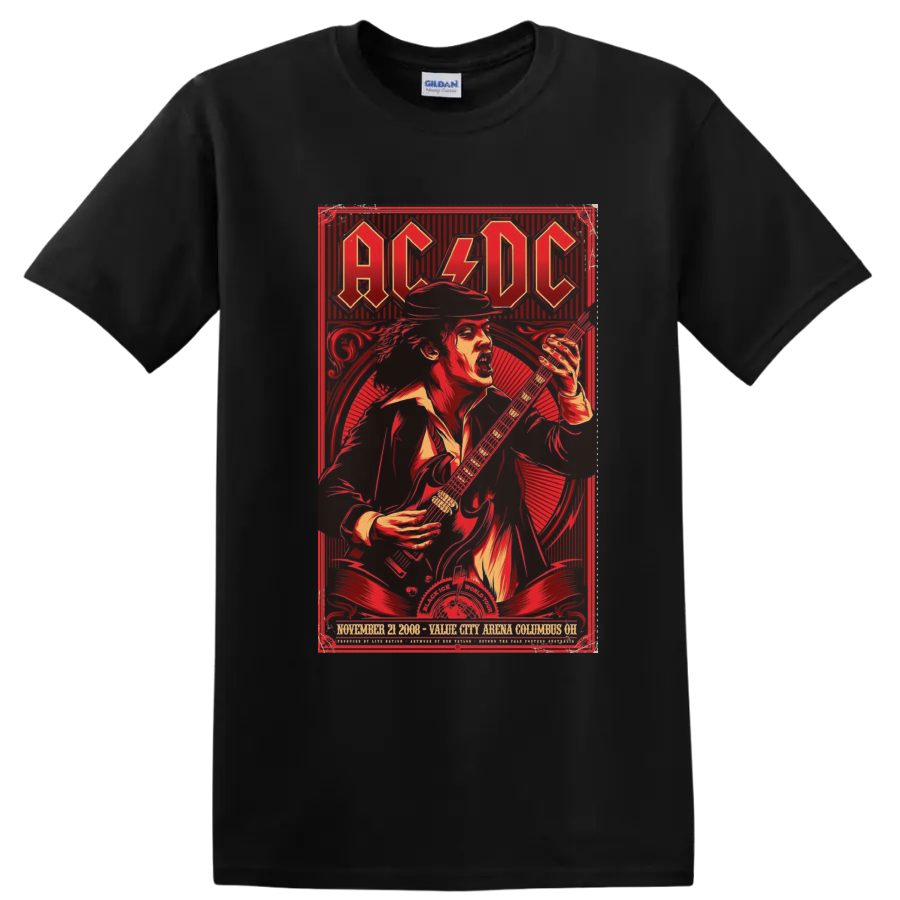 AC/DC Black Ice World Tour poster art with Angus Young playing electric guitar on a Black T Shirt