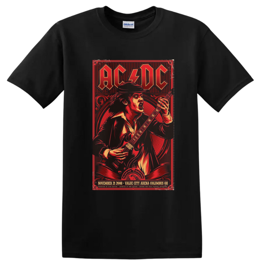 AC/DC Black Ice World Tour poster art with Angus Young playing electric guitar on a Black T Shirt