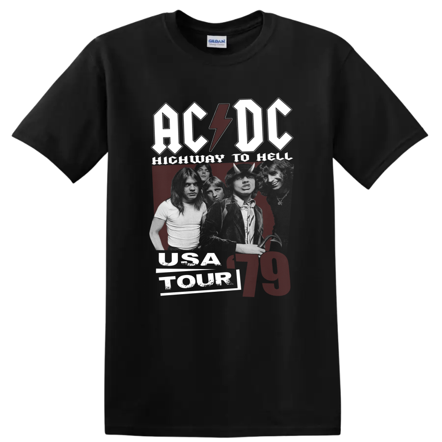 AC/DC Highway to Hell 1979 graphic with Bon Scott, Angus Young, and lightning bolt on a Black T Shirt