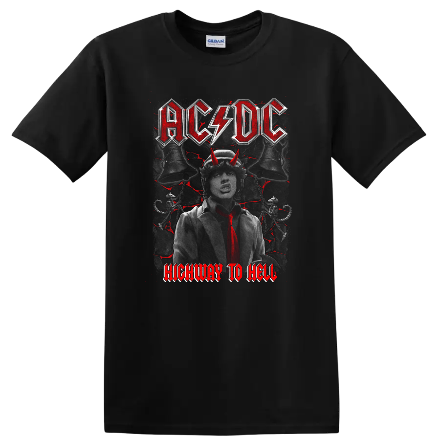 AC/DC Highway to Hell Angus Young portrait with devil horns and distressed rock art on a Black T Shirt