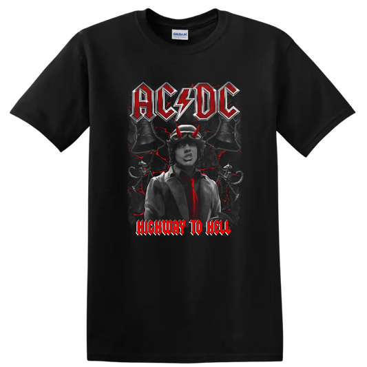 AC/DC Highway to Hell Angus Young portrait with devil horns and distressed rock art on a Black T Shirt