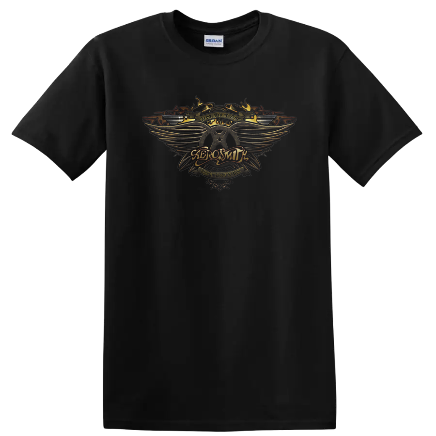 Aerosmith Aero Force One winged crest in ornate vintage rock style on a Black T Shirt