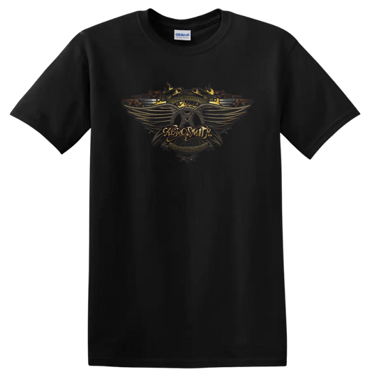 Aerosmith Aero Force One winged crest in ornate vintage rock style on a Black T Shirt
