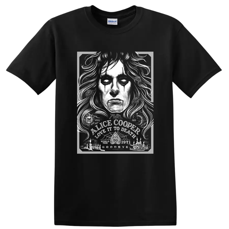 Alice Cooper high-contrast black and white rock portrait graphic on a Black T Shirt