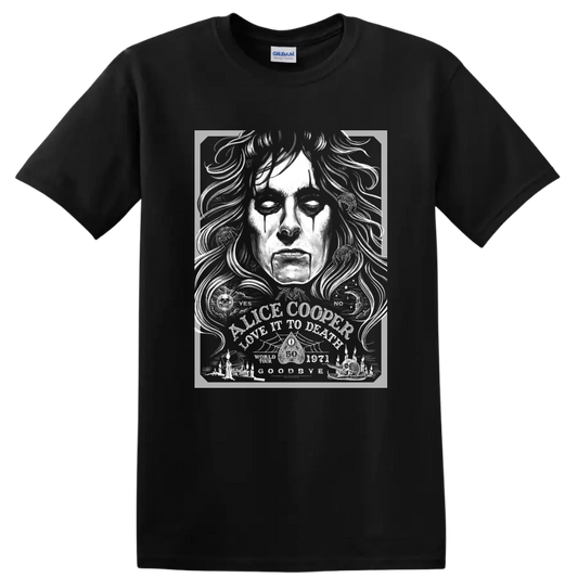 Alice Cooper high-contrast black and white rock portrait graphic on a Black T Shirt