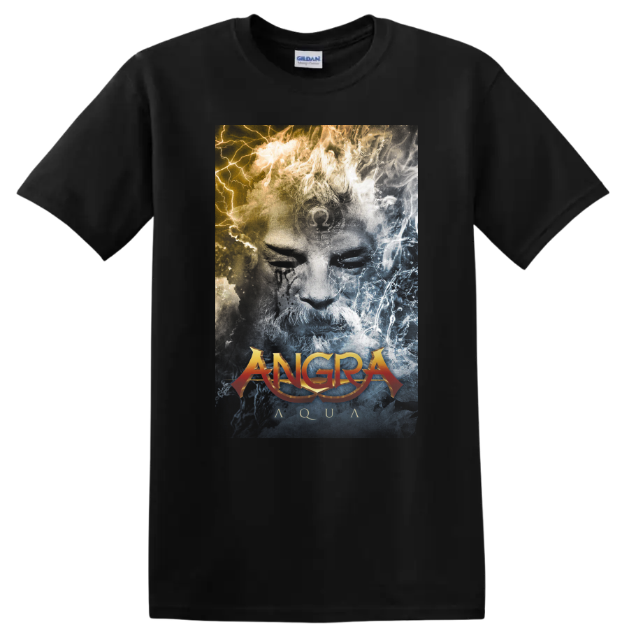 Angra Aqua album art with blue water textures, gold light, and orange logo on a Black T Shirt