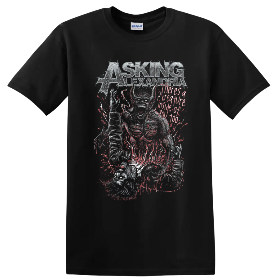 Asking Alexandria Creature distressed metal graphic with skeletal figure on a Black T Shirt