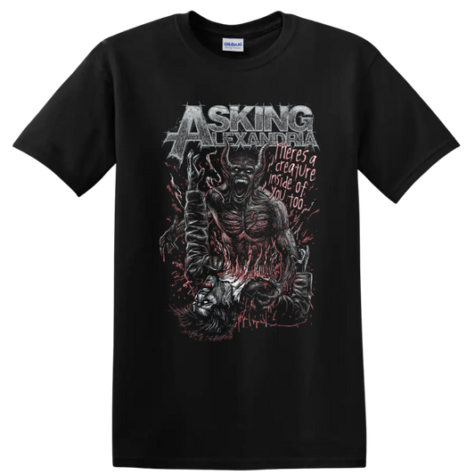 Asking Alexandria Creature distressed metal graphic with skeletal figure on a Black T Shirt