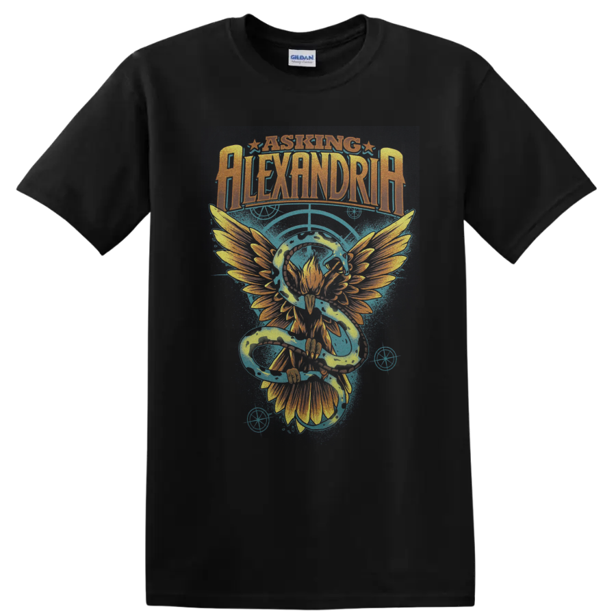 Asking Alexandria distressed logo with winged phoenix and electric blue energy artwork on a Black T Shirt