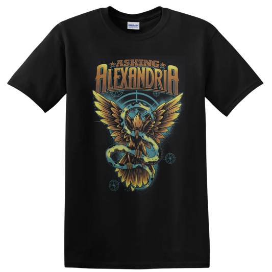 Asking Alexandria distressed logo with winged phoenix and electric blue energy artwork on a Black T Shirt