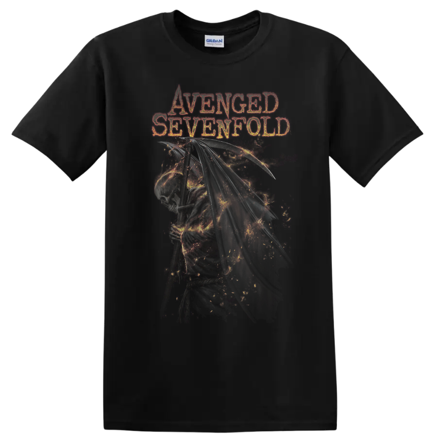 Avenged Sevenfold distressed lettering above a detailed winged Deathbat skull graphic on a Black T Shirt
