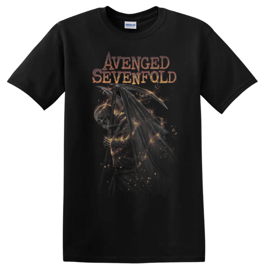 Avenged Sevenfold distressed lettering above a detailed winged Deathbat skull graphic on a Black T Shirt