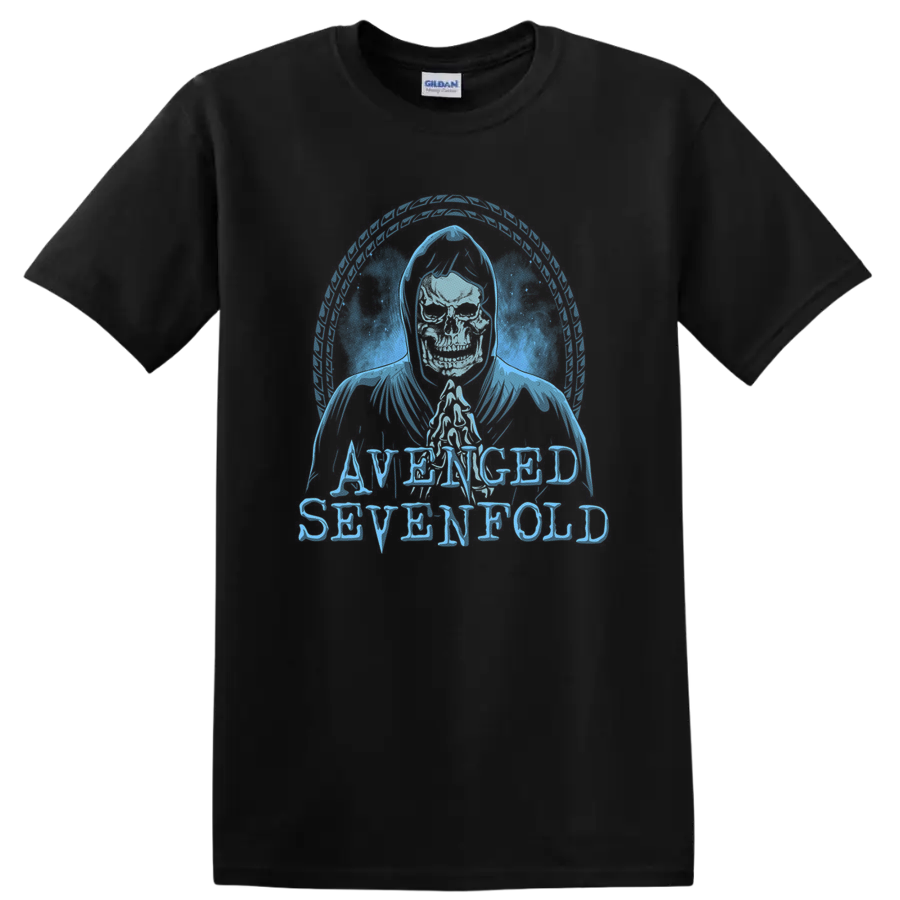 Avenged Sevenfold hooded skeleton with circular feather frame and distressed lettering on a Black T Shirt