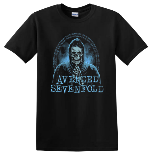 Avenged Sevenfold hooded skeleton with circular feather frame and distressed lettering on a Black T Shirt