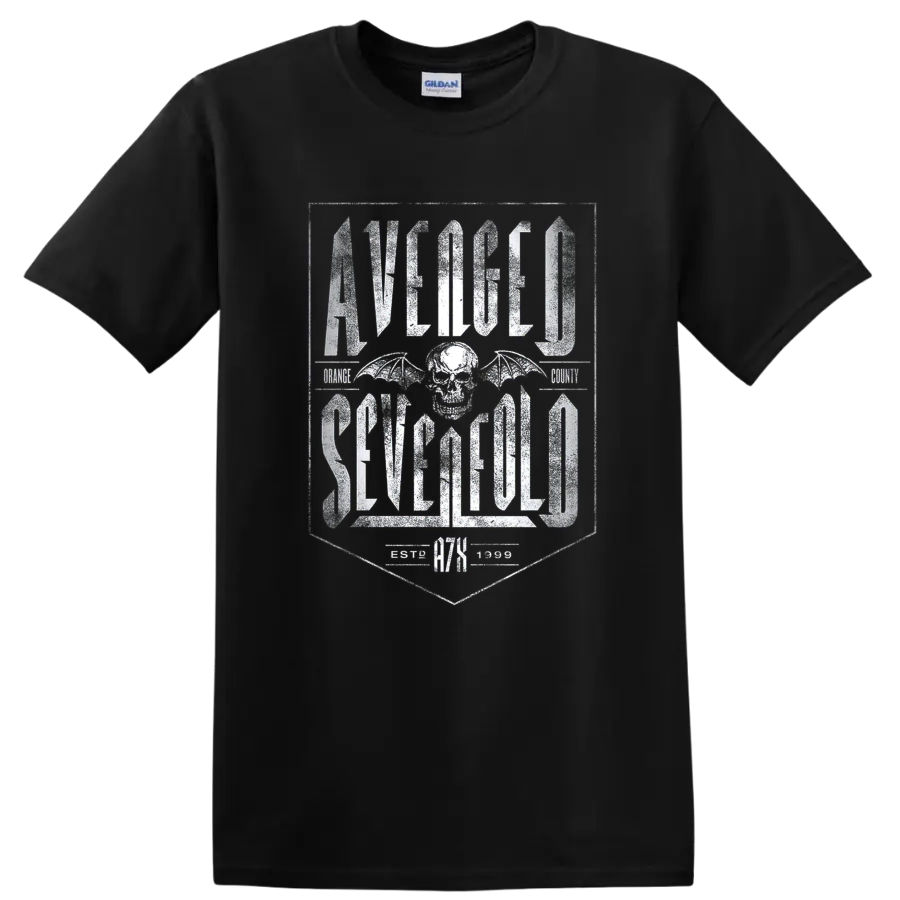 Avenged Sevenfold distressed lettering with winged skull emblem on a Black T Shirt