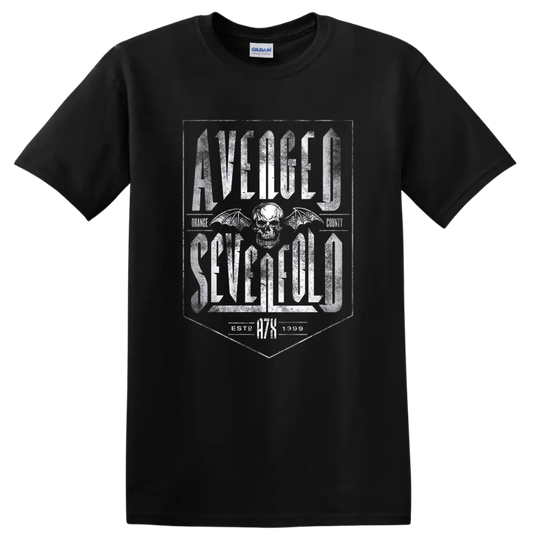 Avenged Sevenfold distressed lettering with winged skull emblem on a Black T Shirt