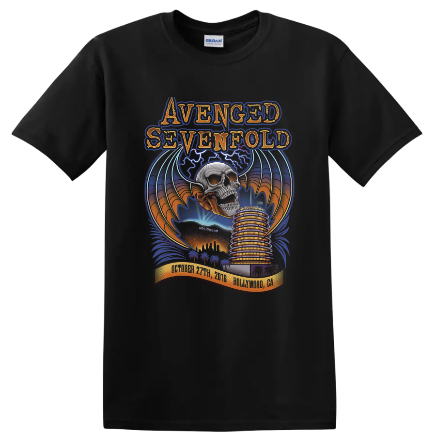 Avenged Sevenfold Deathbat skull and wings over a colorful Hollywood concert poster scene on a Black T Shirt