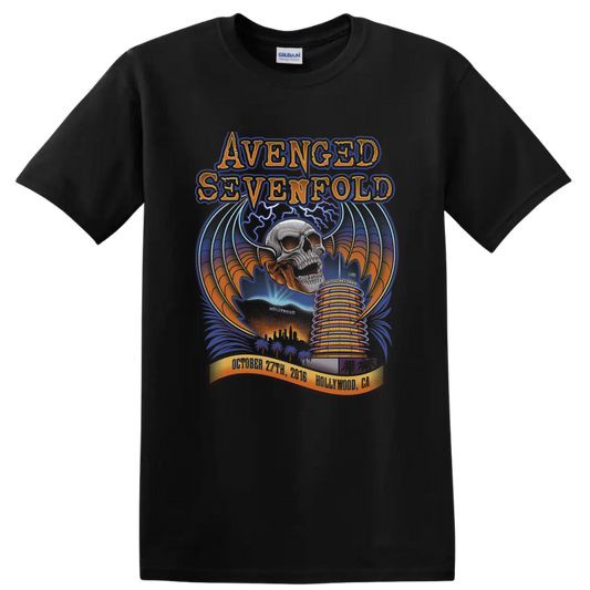 Avenged Sevenfold Deathbat skull and wings over a colorful Hollywood concert poster scene on a Black T Shirt