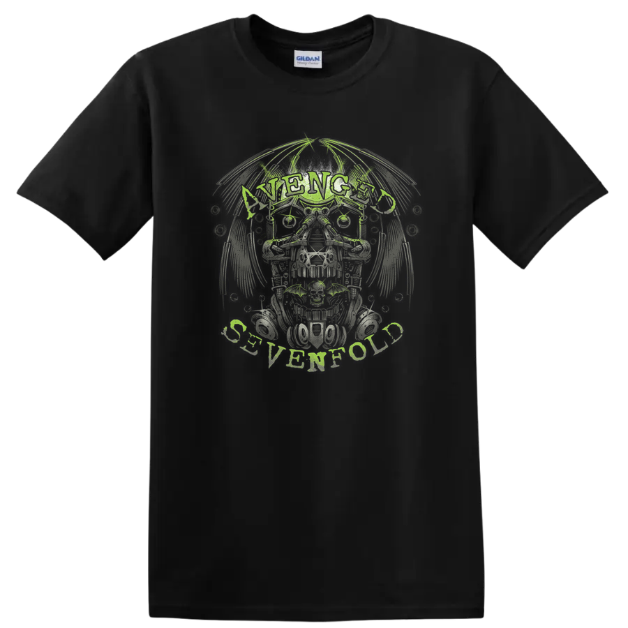 Avenged Sevenfold Deathbat skull with wings in distressed rock-metal illustration on a Black T Shirt