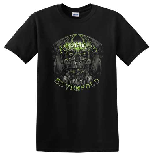 Avenged Sevenfold Deathbat skull with wings in distressed rock-metal illustration on a Black T Shirt