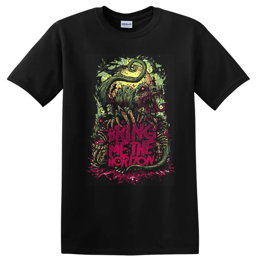 Bring Me the Horizon psychedelic creature artwork with neon splatters and distressed text on a Black T Shirt