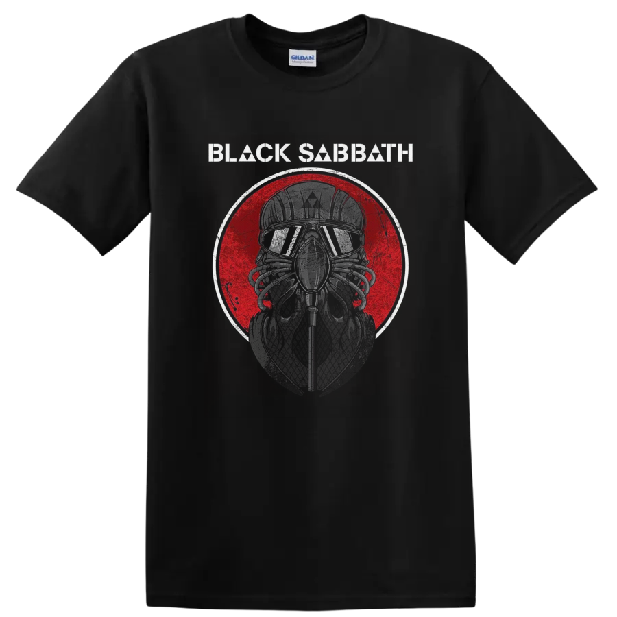 Black Sabbath helmeted skull graphic with goggles and distressed red circle on a Black T Shirt