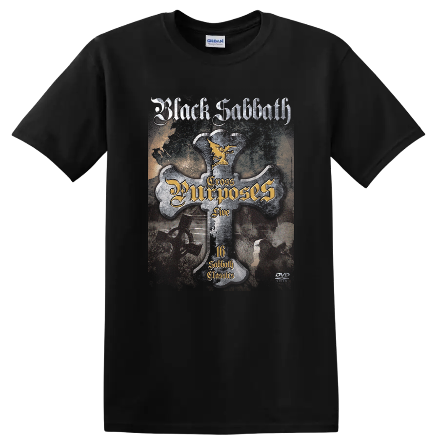 Black Sabbath Cross Purposes Live gothic cross with winged figure and distressed lettering on a Black T Shirt