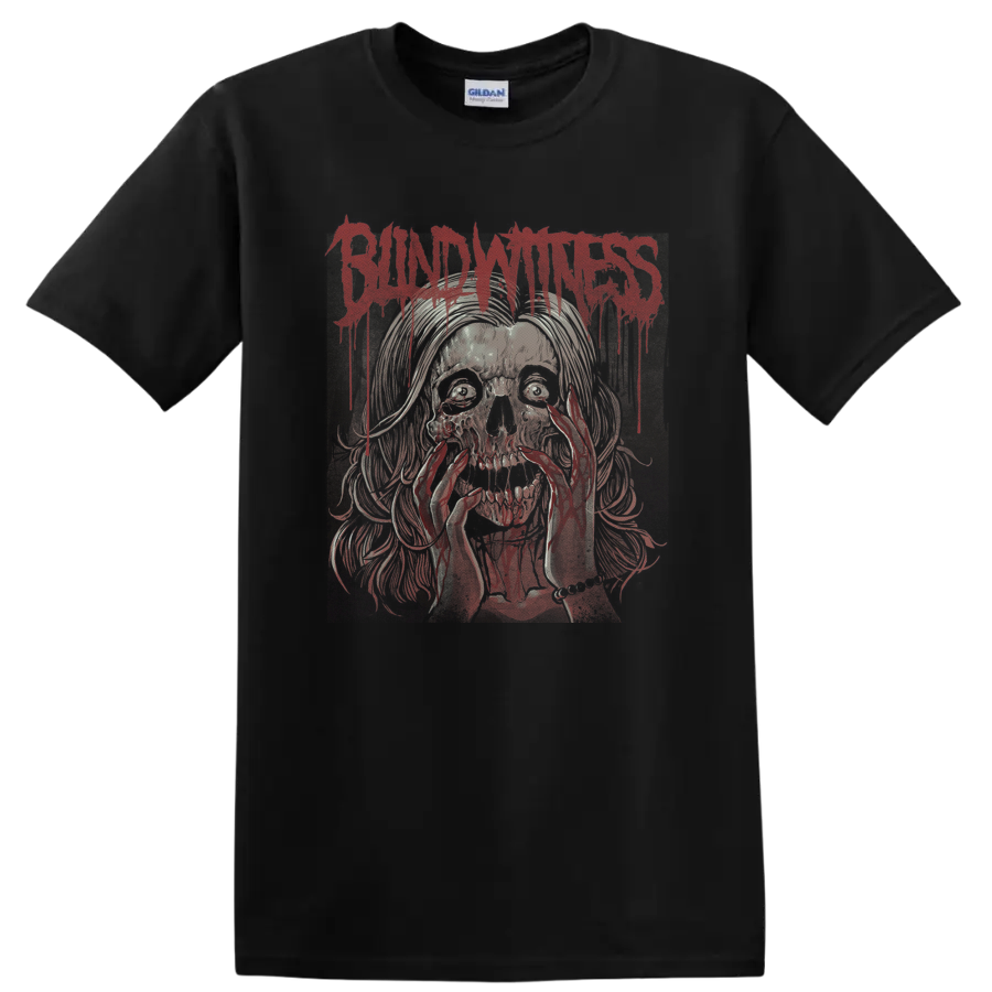 Blind Witness dripping red logo above a distressed skull horror illustration on a Black T Shirt