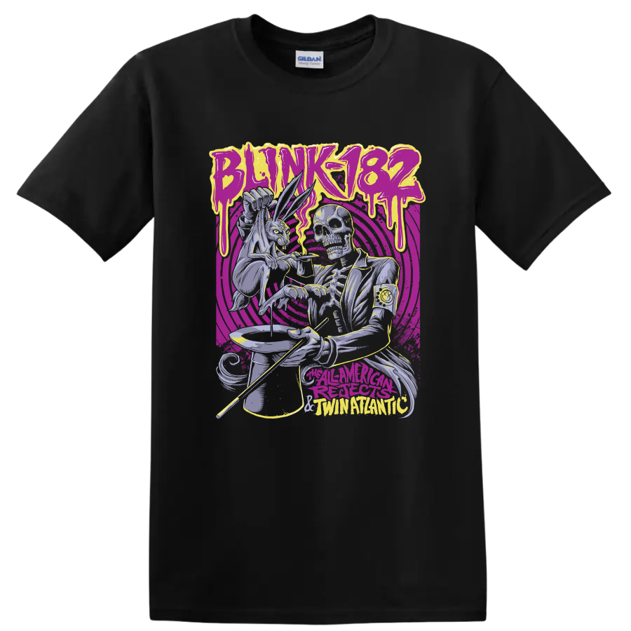 Blink-182 inspired skeleton punk graphic with neon dripping lettering and spiral rings on a Black T Shirt