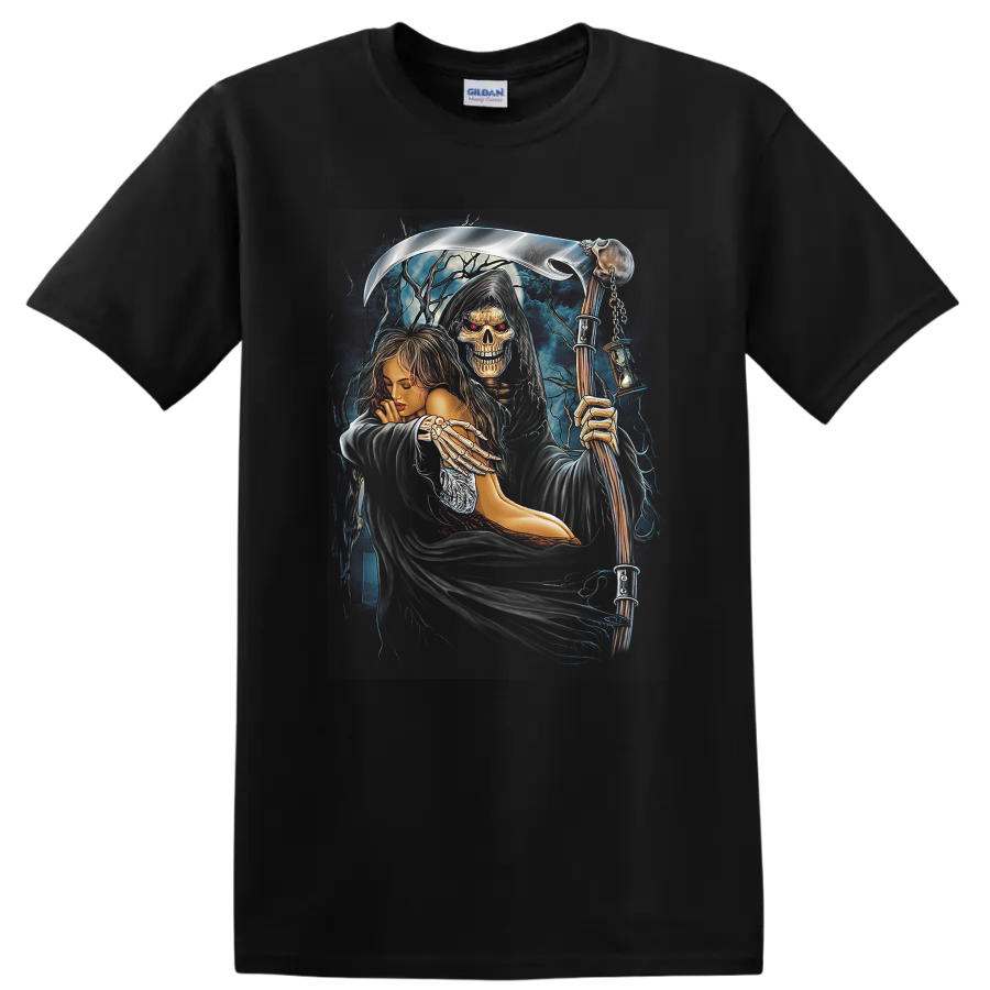 Hekate-inspired gothic skeleton reaper and goddess with scythe and lightning on a Black T Shirt