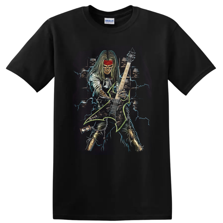 Neon skull-faced guitarist with lightning, skulls, and electric guitar metal artwork on a Black T Shirt