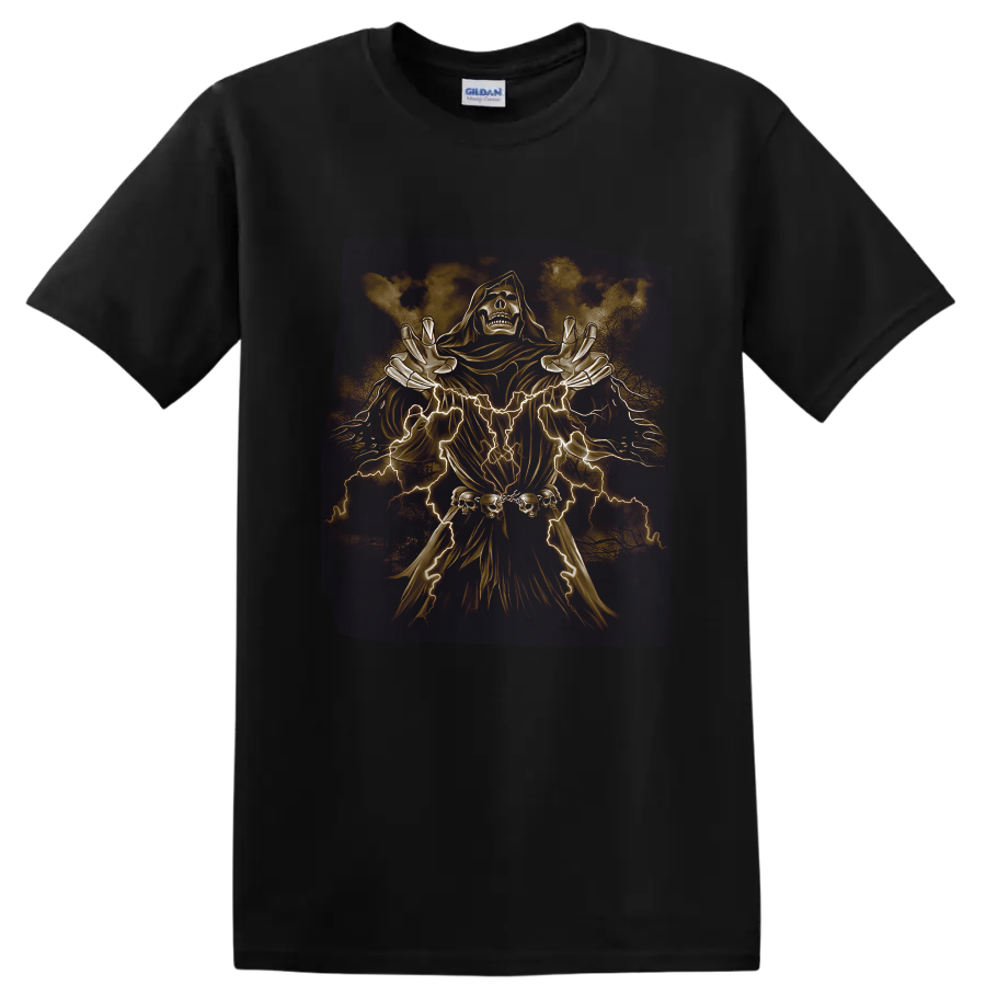 Neon skeletal reaper in a hooded robe with lightning, skulls, and dark fantasy metal art on a Black T Shirt